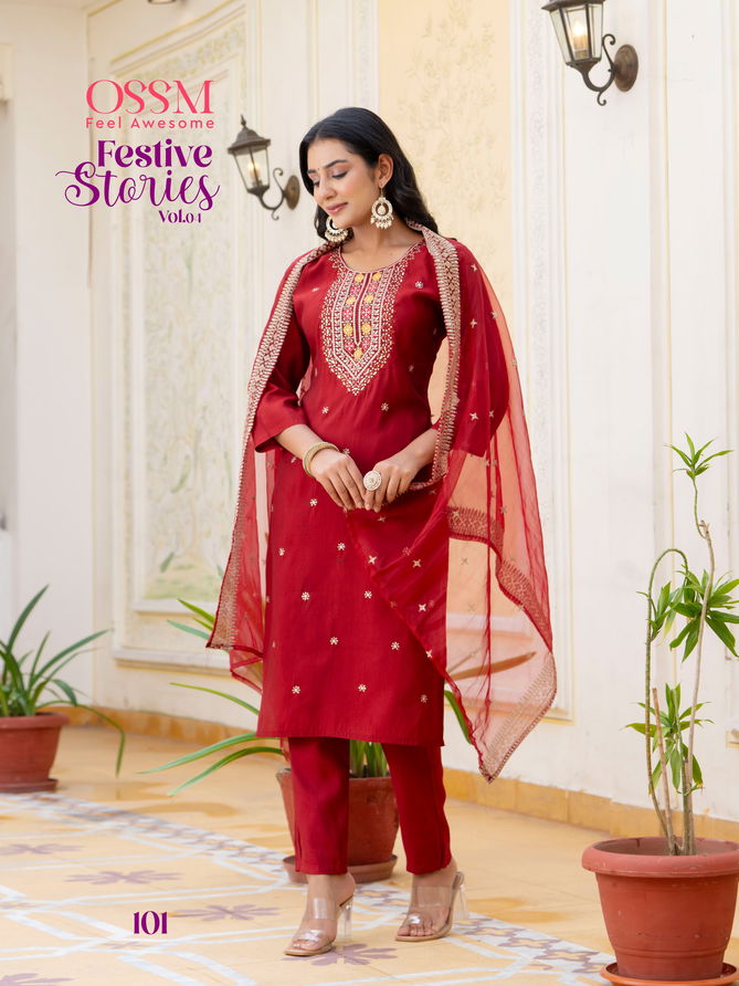 Festive Stories Vol 04 By Ossm Embroidery Roman Silk Readymade Suits Suppliers In India